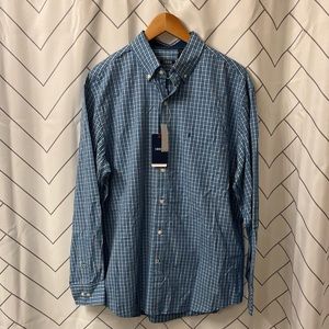2/$30 NWT IZOD Button Down Collared Checked Malibu Blue Dress Shirt Size Large